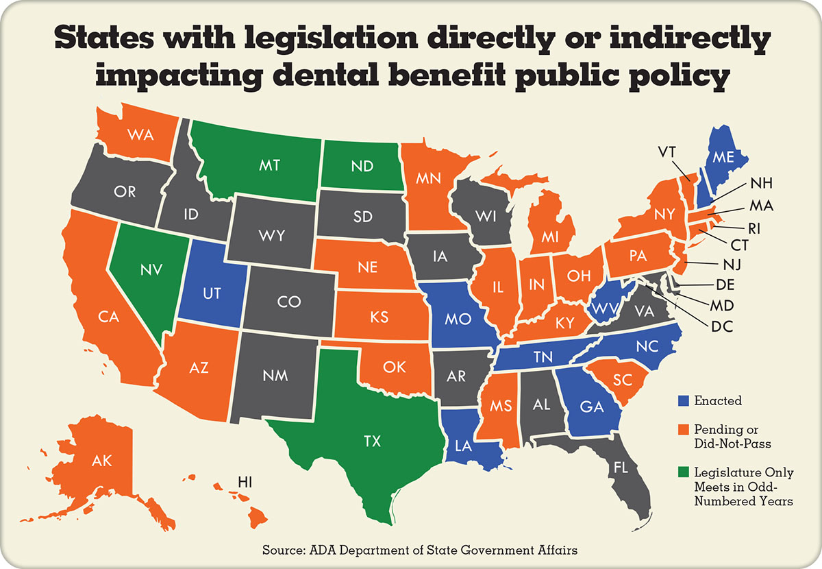 Infographic of states with legislation impacting dental benefit public policy
